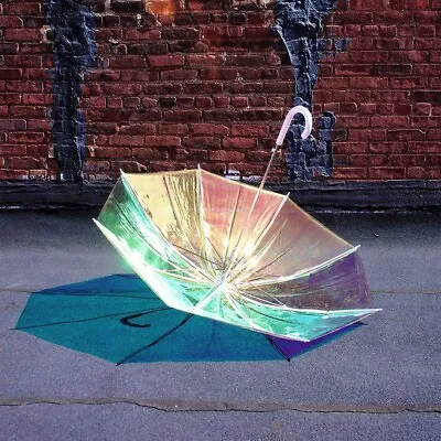 Iridescent HOLOGRAPHIC UMBRELLA 46  HOLO See-thru Color-changing BLACK HANDLE • $59.95