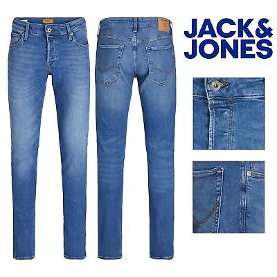 Jack & Jones Mens Slim Fit Blue Jeans Skinny Leg Denim Pants All Waist Sizes • £24.99