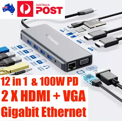 12 In 1 USB C Hub To Dual HDMI VGA Triple Display Screen RJ45 12-in-1 Adapter • $85