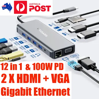 $99.95 • Buy TUSARD USB C Hub To Dual HDMI VGA Triple Display Screen, RJ45, 12-in-1 Adapter