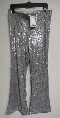 NWT H&M Large Silver Full Sequins Flared Pants Sparkly • $29.95