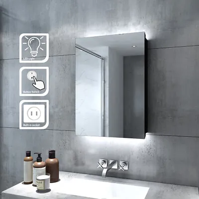 LED Bathroom Mirror Cabinet With Shaver Socket Illuminated Lights Button Switch • £139.98