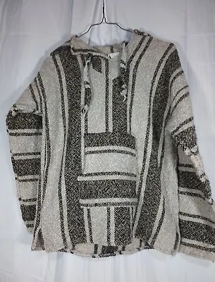 BAJA HOODIE Unisex Size L Brown Stripe Knit Mexican Poncho Hippy Festival Boho • £10