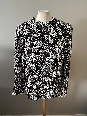 Ladies Marks And Spencer Black And White Floral High Tie Neck Long Sleeve Top 20 • £7