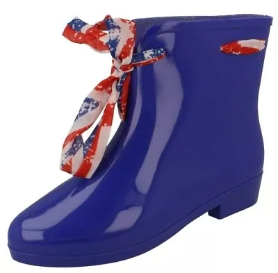 Ladies Blue Ankle Wellington Boots With Union Jack Ribbon UK Size 34567 • £11.99