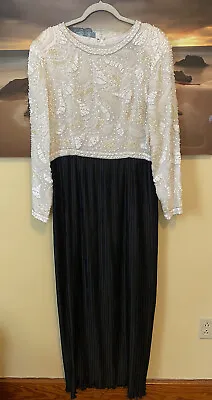 VTG George F Couture Saks Fifth Avenue Ivory Black Beaded Pleated Gown 16 MOB • $55
