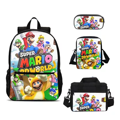 Super Mario Bros 4PCS School Backpack Set Lunch Box Crossbody Bag Pen Case #6 • $16.14