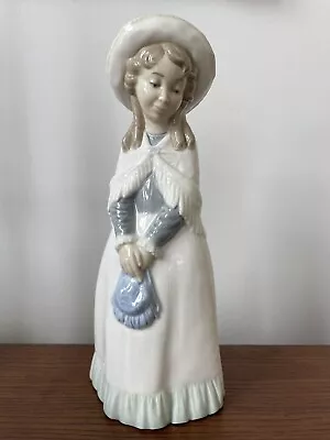 Lladro Porcelain Figurine Girl With Bag Hat Curls 10” Vintage • $50