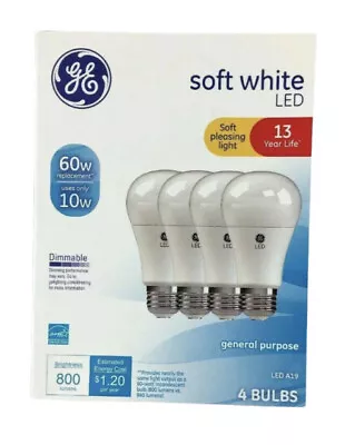 GE LED Bulb 60W Equiv 10W Actual Soft White  Dimmable 800 Lumens 4 Pack A19 New • $9.48