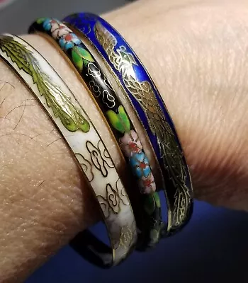 3 Vintage Multicolor Cloisonné Enamel Floral & Birds Design Bangle Bracelets  • $35