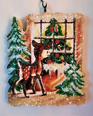 DEER Looking Into SNOWY HOLIDAY WINDOW  * Glitter CHRISTMAS ORNAMENT * Vtg Img • $10.50