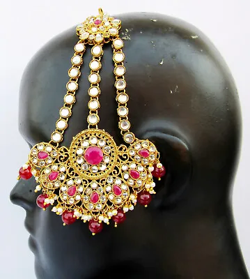 Kundan Gold Tone Pearl Maang Tikka Bollywood Indian Bridal Jewelry Matha Patti • $18.26