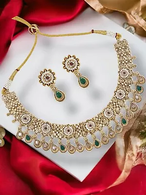 Indian Bollywood Gold Plated Kundan Choker Bridal Necklace Earrings Jewelry Set • $32.99