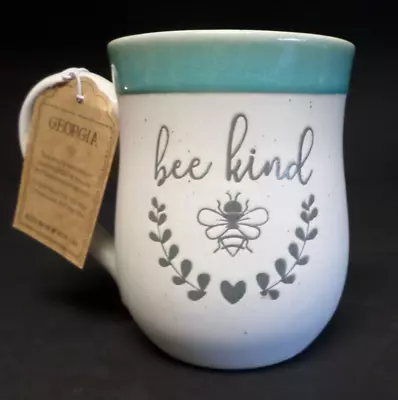   Bee Kind  With Bee Light Blue Aqua Rim Stoneware Large Coffee Mug 20 Oz • $28.99