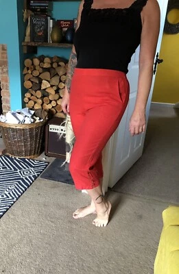£5 • Buy Size 12 Red Cropped Linen High Waisted Capri Trousers 50s Rockabilly Retro Alt