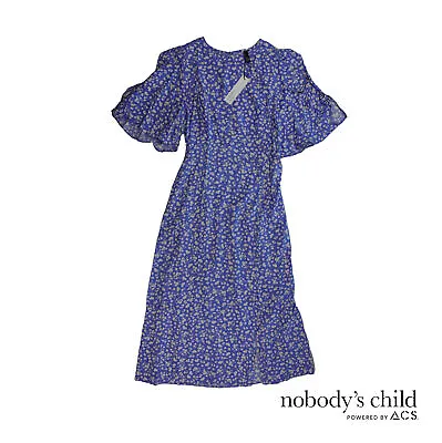 £14.99 • Buy Nobody's Child Blue Daisy Floral Flutter Sleeve Elka Midi Dress UK Size 12