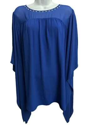 Michael Kors Top 2X Twight Blue Sheer Lined Beaded Neckline Big Sleeves Blouse • $23.66
