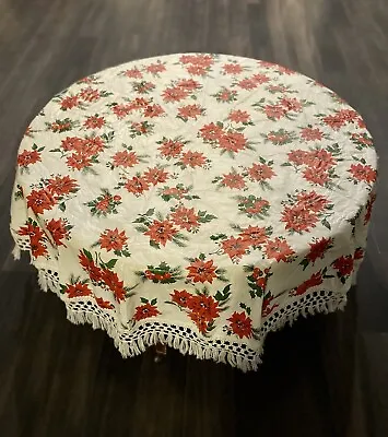 Vintage 50s 60s Christmas Fringed Vinyl Tablecloth Poinsettias Holly 60” Round • $13.75