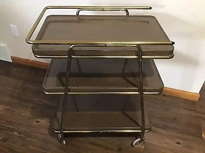 Vintage COSCO Mid Century 3 Tier Metal Rolling Bar Serving Cart WOOD Grain   • $249.95