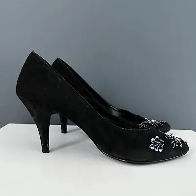 Ladies Black Beaded Heeled Pointed Toe Slip On Court Shoes Size UK 5 EU 38 • £2.99