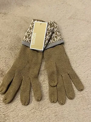 NWT Rare Michael Kors MK Logo Knit Gloves Camel Tan Gray Off White MSRP $42 • $22.99