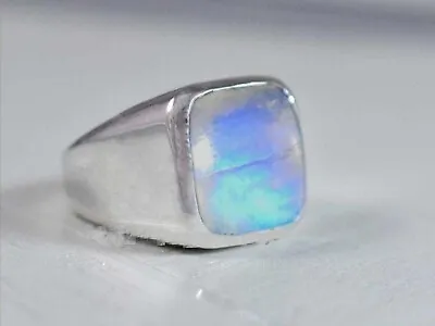 Solid 925 Sterling Silver Natural Blue Rainbow Moonstone Gemstone Huge Mens Ring • $41.56