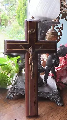 A Beautiful Vintage French Crucifix / Cross ~ Brass Inlay Detail ~ Wall Hanging • £16