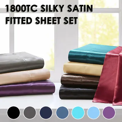 $21.99 • Buy 1800TC Ultra Soft Satin Deep Fitted Sheet Set Single/Double/Queen/King Bed New