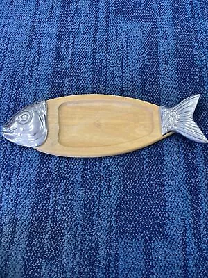 VINTAGE 20” WOOD & METAL FISH CAVIAR SERVING CUTTING BOARD TRAY Made In Japan • $34.99