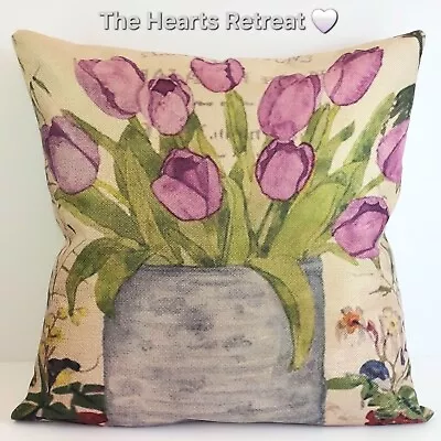 Vintage Spring Tulips Butterfly Cushion Cover Linen Cottage Shabby Chic Cushions • £5.95