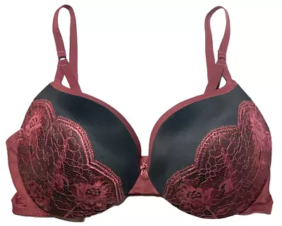 Maidenform Bra Womens 38D Underwire Push Up Padded Lace Black Burgundy DM9900 • £8.67