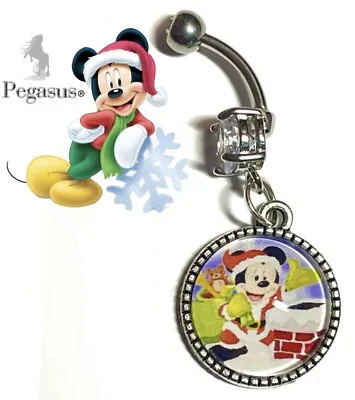 Father Christmas Mickey Mouse Cabochon Glass Dangle Belly Navel Bar • £7.99