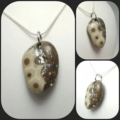 Petoskey Stone W/ Silver Seem Pendant Necklace Ancient Michigan  .925 Chain • $34.20