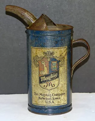 ANTIQUE Vintage MAYTAG WASHER Washing FUEL MIXING CAN Motor Oil ADVERTISING TIN • $74.95