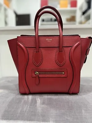 CELINE Authentic Mini Luggage Tote Bag: Smooth Burgundy Calfskin Leather  • $899