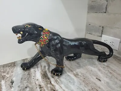 Vintage MCM Black Panther Statue Gold Jewel Tone Collar Green Jewel Eyes TV • $169