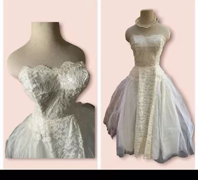 1950s Vintage Sweetheart Lace & Tulle Full Wedding/ Prom Queen Dress VLV • $79.58