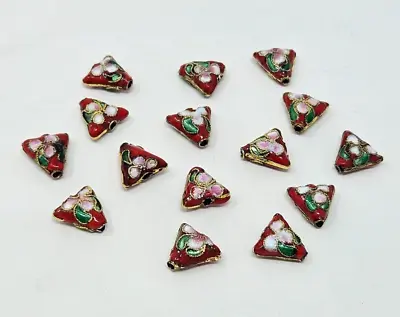 15 Pcs VTG Red Triangle Floral Cloisonne Metal Enamel Beads Crafts Jewelry • $12.99