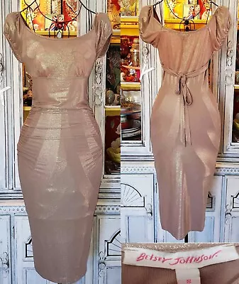 Vintage Betsey Johnson Y2k Nude Shimmer Milkmaid Midi Slip Wiggle Dress Sz Small • $149.99