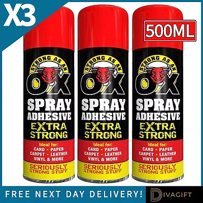 3 X 500ml Heavy Duty Spray Adhesive Glue Strong Ox Foam For Carpet Tile Fabric • £16.99