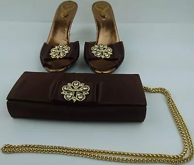 Vicini Heels & Purse Brown Satin Bling Studded Size 6 EU 38 Gold Clutch Shoes • $44.88