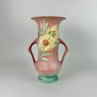 VTG Roseville Peony Green 1942 Art Deco Pottery Ceramic Flower Vase 68-14 READ • $66.50