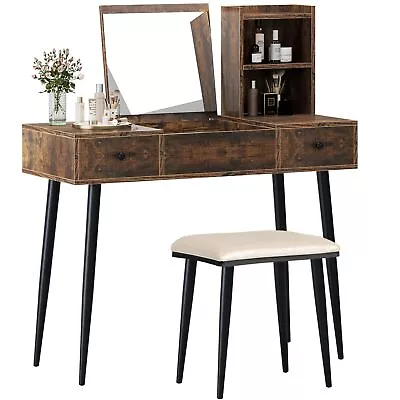 Vanity Table Set Mirror Makeup Dressing Table Set With 2 Drawers & Cushioned... • $264.78