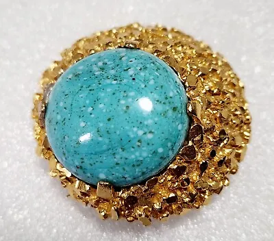 BSK Signed Vintage Faux Turquoise Cabochon Gold Tone Nugget Textured Brooch B308 • $20