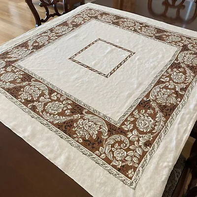 Vintage Linen Tablecloth 47” X 50” Beige Browns Leaves - Nice • $30