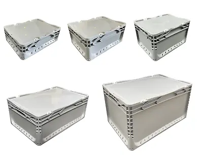 Hinged Lid Euro Stacking Heavy Duty Plastic Container Industrial Box Boxes • £20.75