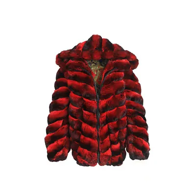 Men Real Rex Rabbit Fur Red Chinchilla Hood Jacket Genuine Fur Coats With Zip • $580.85