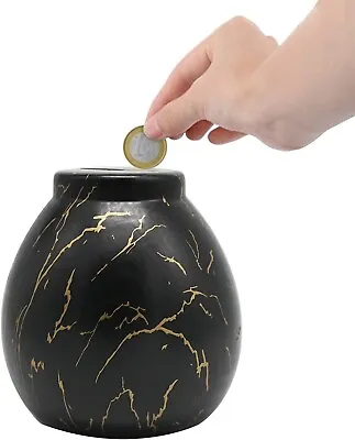 Ceramic Money Pot Black Marble Effect Money Savings  Piggy Bank SMASH TO OPEN • £7.95