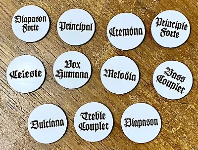 New Pump/Reed Organ Stop Faces 7/8  Set Of 11 White W/Black Lettering Schulz • $44.95