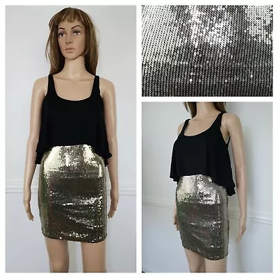 ❤️MISS SELFRIDGE Black Gold Sequins Sexy Club Party Bodycon Dress Size 8 172 • $8.69